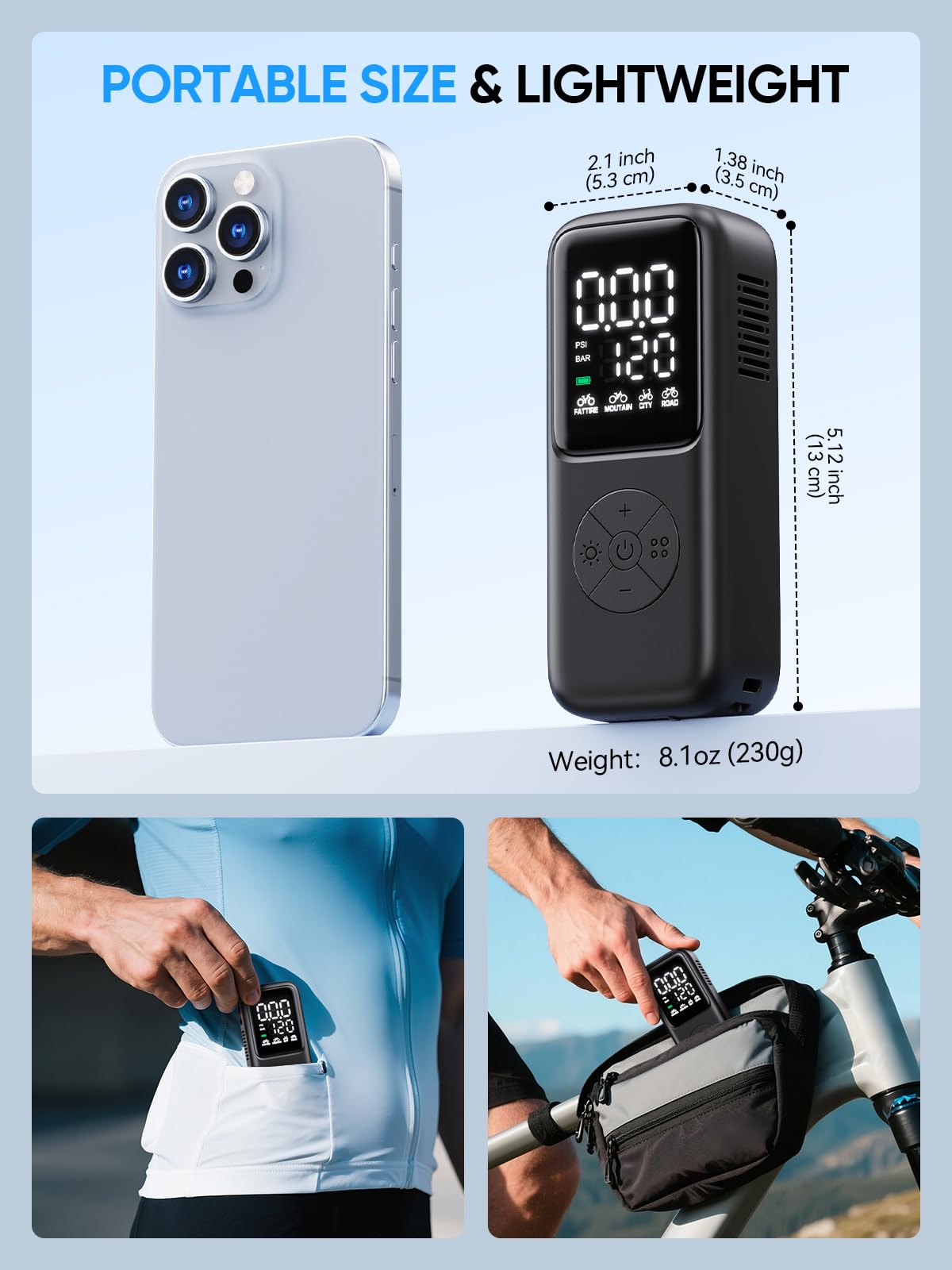 Mini Electric Bike Pump,120 PSI Bike Pump Portable with Guage Auto Stop, Bicycle Pump with Presta and Schrader, Bike Tire Pump Valve for Road Bicycle, Mountain Bike, E-Bike,Sports Ball