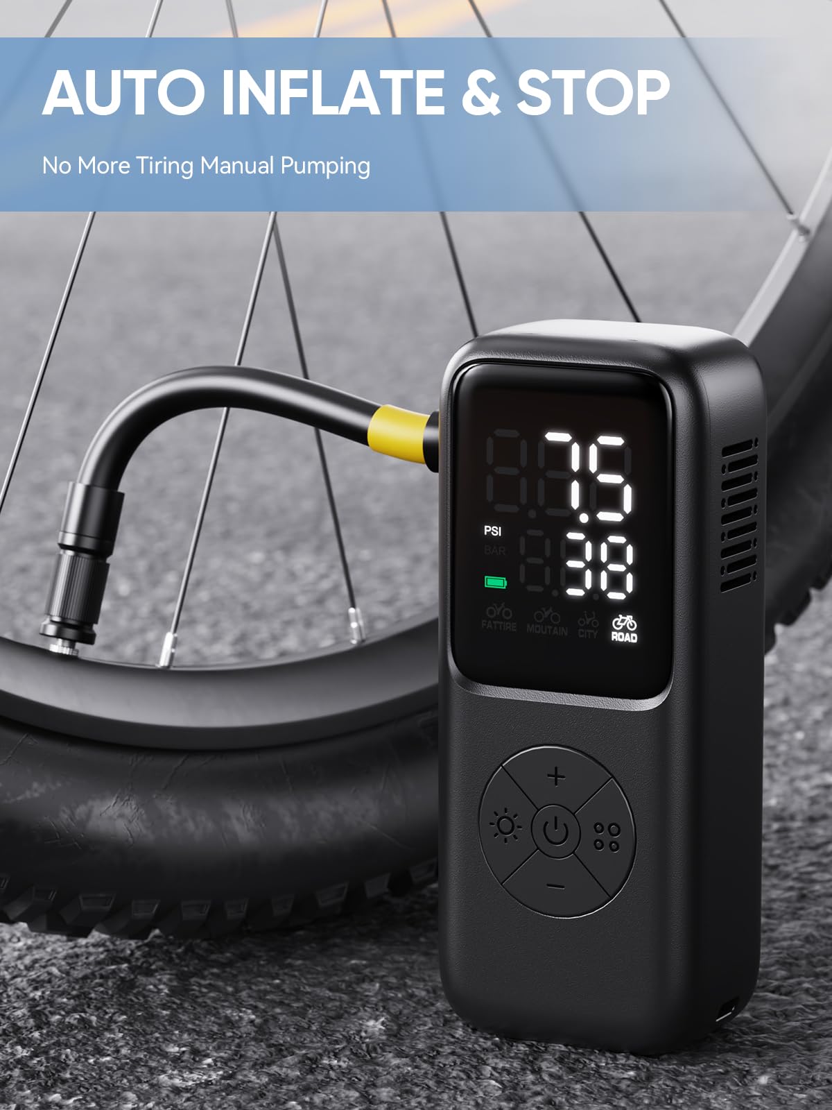 Mini Electric Bike Pump,120 PSI Bike Pump Portable with Guage Auto Stop, Bicycle Pump with Presta and Schrader, Bike Tire Pump Valve for Road Bicycle, Mountain Bike, E-Bike,Sports Ball