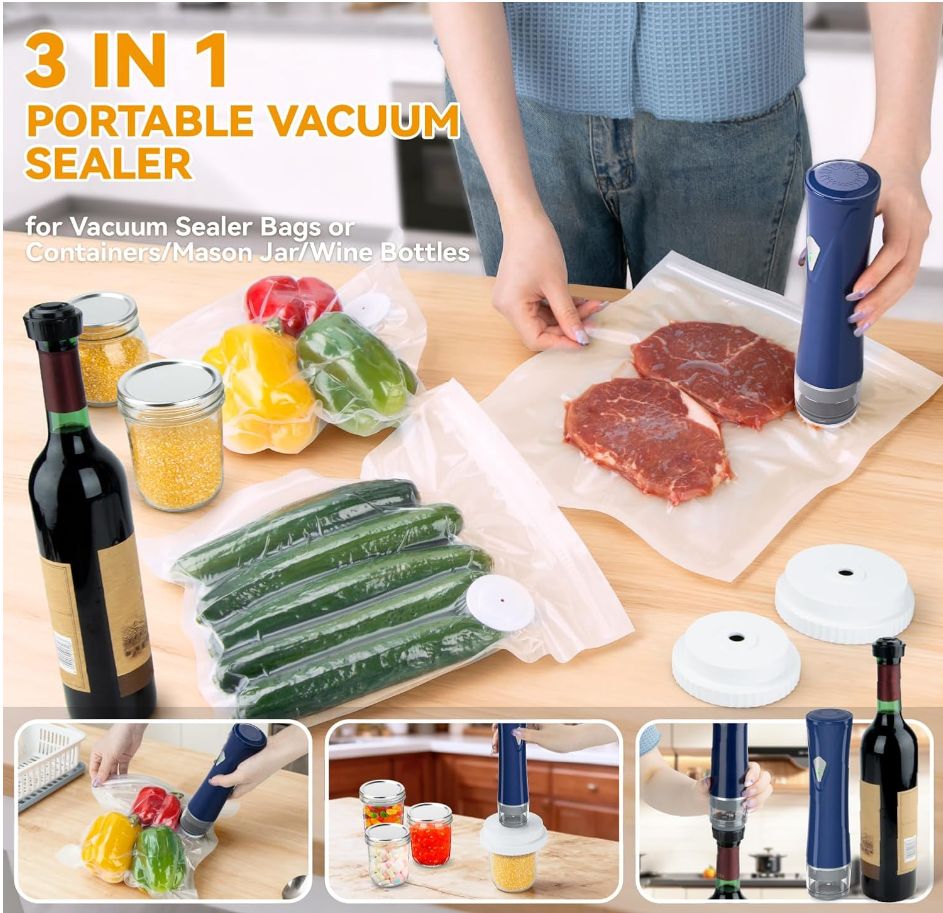 Compact Vacuum Sealer with Mason Jar Kit & 15 Reusable Bags | Food Saver