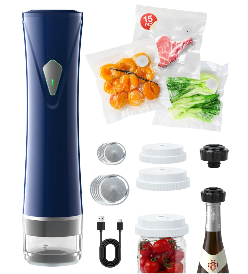 Compact Vacuum Sealer with Mason Jar Kit & 15 Reusable Bags | Food Saver